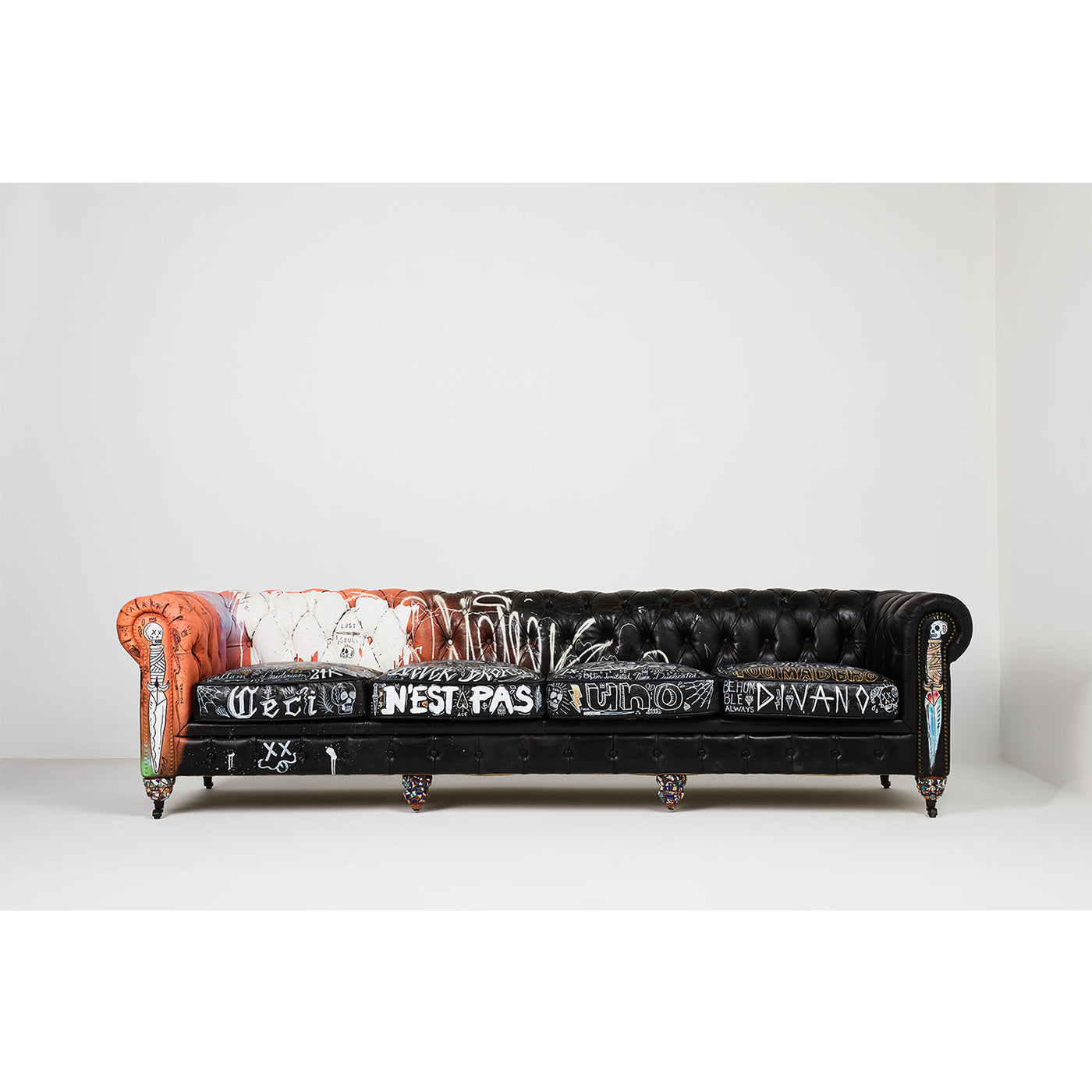 Bois et Cuir's 4 Place Chesterfield in top grain vintage distressed leather X Stikki Peaches Mixed Media Art Work Intervention